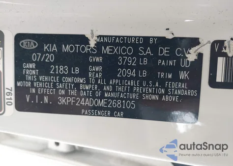 2021 Kia Forte Lxs из США, поврежденный, VIN 3KPF24AD0ME268105